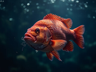 Ruby snapper fish swimming and devouring fishing bait