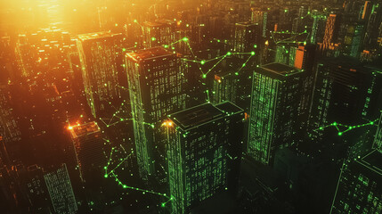 Fototapeta premium Smart Innovation city with connection cyber security network reciprocity over the sunset cityscape future wireless digital city and social media networking systems that connects people in the city