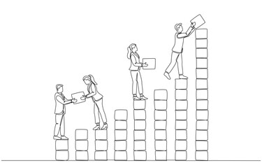 Continuous one line drawing of business team members arranging wooden cubes to form ascending bar chart, teamwork and cooperation for business growth concept, single line art