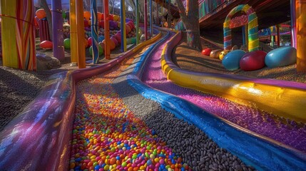 Colorful slide with candies, balls,  and painted walls for kids playing.