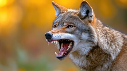 Obraz premium A fierce coyote snarling with a blurred autumn background.