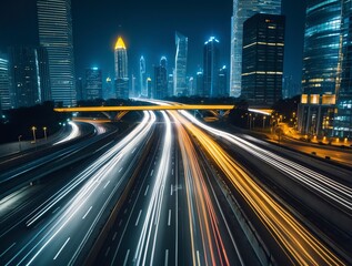 Obraz premium bustling highway in a modern city at night, streaks of car lights creating a dynamic flow, illuminated skyscrapers in the background,