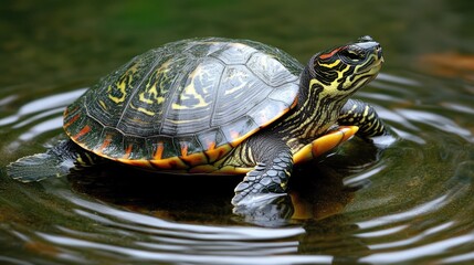 A turtle resting on the surface of a calm water body, showcasing its vibrant shell patterns.