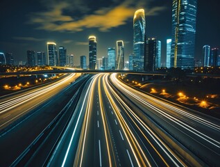 Obraz premium bustling highway in a modern city at night, streaks of car lights creating a dynamic flow, illuminated skyscrapers in the background, 
