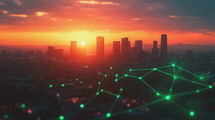 Smart Innovation city with connection cyber security network reciprocity over the sunset cityscape future wireless digital city and social media networking systems that connects people  in the city