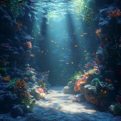 Naklejka premium Sunlit Underwater Cave Vibrant Coral Reef Marine Life 8K