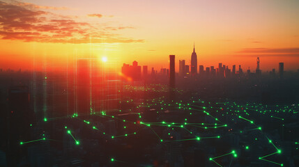 Naklejka premium Smart Innovation city with connection cyber security network reciprocity over the sunset cityscape future wireless digital city and social media networking systems that connects people in the city