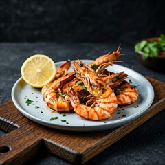Grilled shrimp on a plate with lemon slices, garnished with fresh herbs, highlighting a delicious and savory seafood dish.