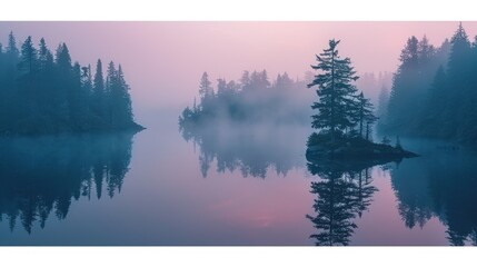 Obraz premium Serene misty sunrise over calm lake with island and trees reflecting in water.
