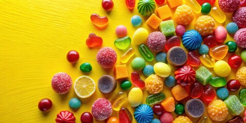 Fototapeta premium A vibrant assortment of colorful candies and sweets on a bright yellow background