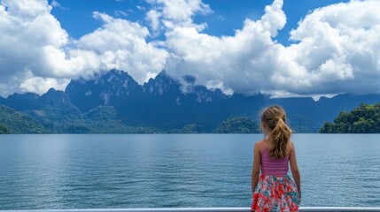 Girl gazing at the majestic Cheow Lan Lake, surrounded by stunning mountains under a vibrant sky.