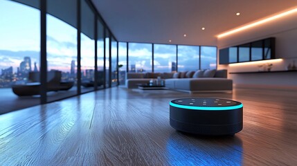 Smart speaker in modern apartment living room at dusk.