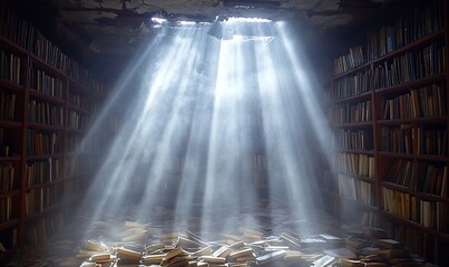 Light beams through damaged library ceiling onto scattered books