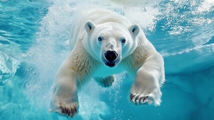 A polar bear swimming underwater, showcasing its powerful physique and natural habitat.