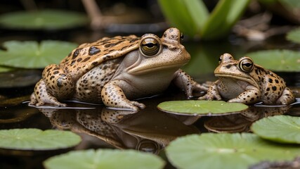 Obraz premium Life by the Pond: A Mother Toad’s Bond with Her Tadpoles