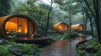 Cozy cabins nestled in a lush, misty forest.
