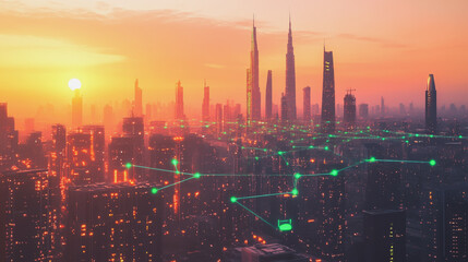 Fototapeta premium Smart Innovation city with connection cyber security network reciprocity over the sunset cityscape future wireless digital city and social media networking systems that connects people in the city