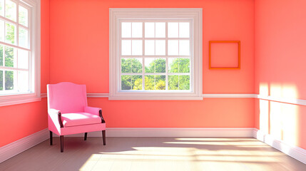 Fototapeta premium explore pastel minimalist interior featuring coral walls and a pink armchair under natural light with vibrant orange frame and light wood flooring in a modern calming room design