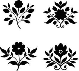 plants, flowers set silhouette on white background