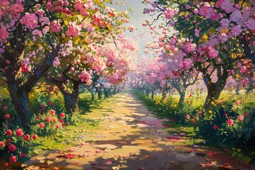 A beautiful pathway lined with blossoming pink trees, creating a serene and picturesque atmosphere.