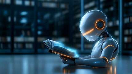 Blue robot with a sign reading and wearing a ninja outfit in a 3D cartoon style