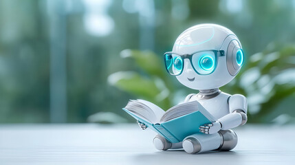 Blue robot with a sign reading and wearing a ninja outfit in a 3D cartoon style