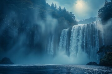 A breathtaking view of a majestic waterfall surrounded by mist and forest, evoking a sense of tranquility and wonder.