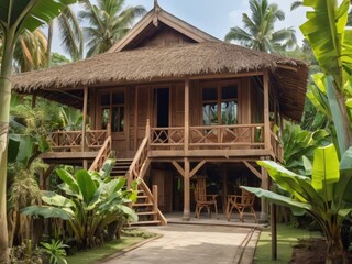 A trasditional style wooden house with a veranda and wooden chairs, surrounded by banana trees