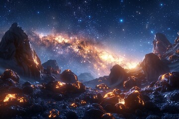 Naklejka premium A breathtaking view of an alien landscape illuminated by stars and glowing rocks under a cosmic sky.