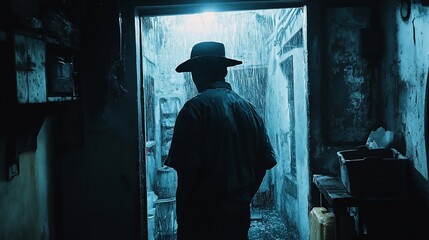 Man in hat, dark doorway, mysterious alley, blue light, suspense, investigation
