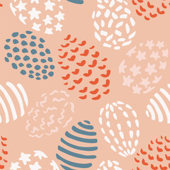 Hand painted hearts, dots, stars and lines looking like Easter eggs in red, blue, pink and white on peach background. Beautiful easter seamless vector pattern. Great for home decor, fabric, wallpaper.
