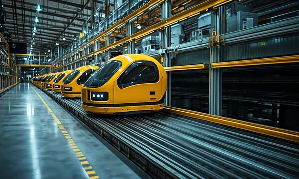 Automated transport vehicles in a modern industrial warehouse setting. - Powered by Adobe
