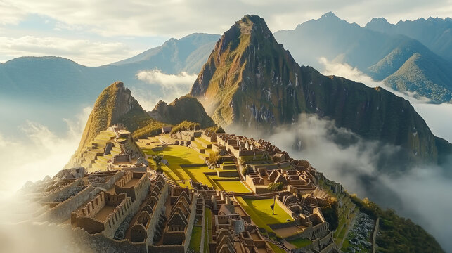Machu Picchu aerial view at sunrise shrouded in mist atop Inca ruins above the clouds in the Peruvian Andes, offering a stunning panorama of the lost city’s historical landscape