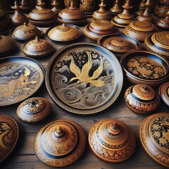 Myanmar Lacquerware Depict handcrafted lacquerware with designs