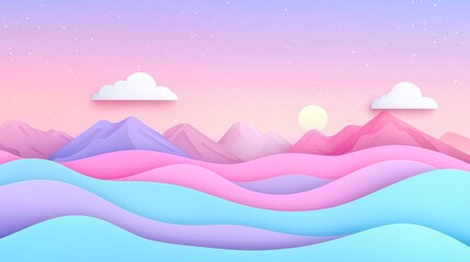 Pastel Mountainscape: Serene Sunset over Dreamy Hills and Gentle Waves