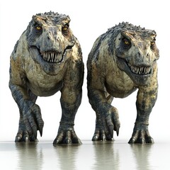 Fototapeta premium Two realistic dinosaur models standing in a reflective surface.