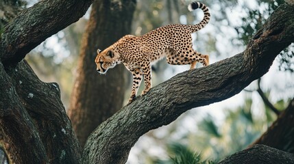 Cheetah walks down twisted tree in savannah