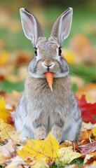 Obraz premium A rabbit holding a carrot amidst colorful autumn leaves.