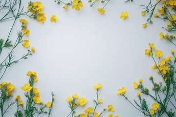 Obraz premium Bright yellow flowers frame a white background. Ideal for spring, summer, or nature-themed designs, adding a touch of freshness and vibrancy.