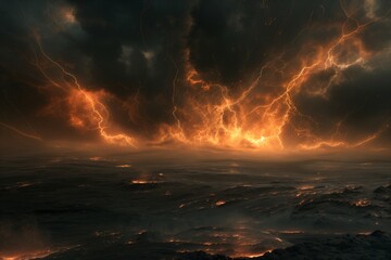 Fototapeta premium A dramatic scene showcasing intense lightning over a fiery landscape, capturing nature's powerful forces.