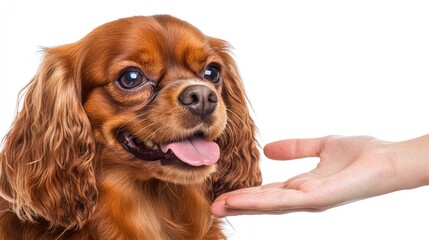 A friendly dog interacts with a person's hand, showcasing a moment of connection.
