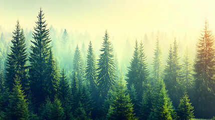 Fototapeta premium Serene misty evergreen forest scene at sunrise, showcasing majestic pine trees and tranquil atmosphere. Ideal for nature, travel, and environmental themes.