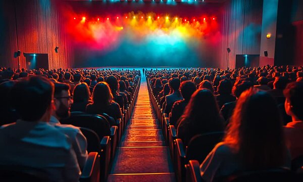 A vibrant theater stage with colorful lights and an audience eagerly awaiting a performance.