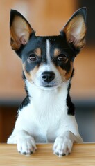 A close-up of a dog with a curious expression, resting its paws on a surface.