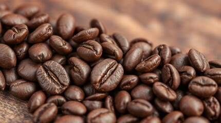 Fototapeta premium Macro shot of roasted coffee beans with wooden texture background