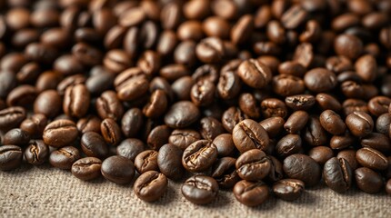 Fototapeta premium Close-up of roasted coffee beans on textured burlap
