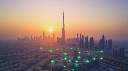 Obraz premium Smart Innovation city with connection cyber security network reciprocity over the sunset cityscape future wireless digital city and social media networking systems that connects people in the city