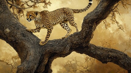 Fototapeta premium Cheetah walks down twisted tree in savannah