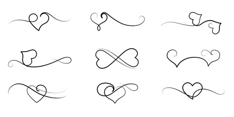 Collection of vintage decorative Hearts with curves for valentine, women, mother's day. romantic black illustration