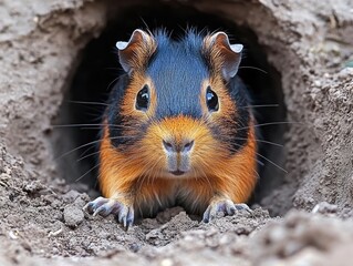 A colorful guinea pig peeking out from a burrow in the ground.